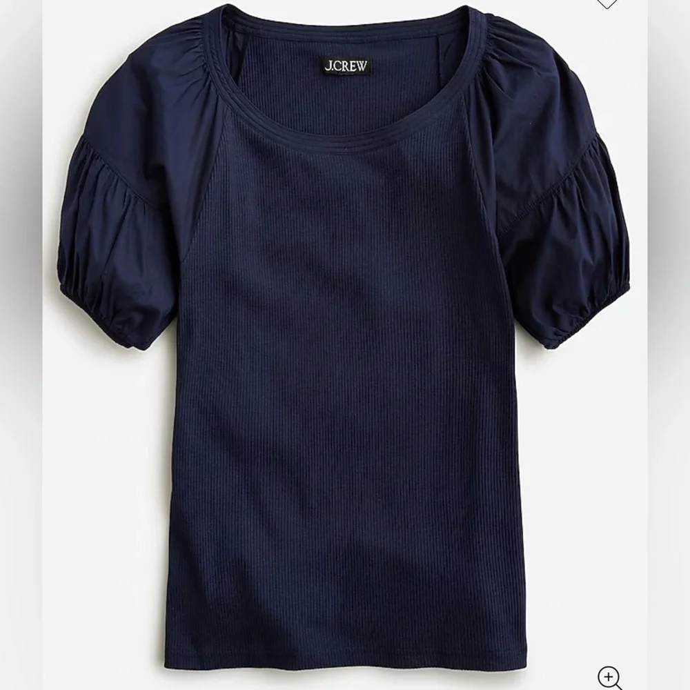 J.Crew | 2023 Vintage Rib Puff-Sleeve Top‎ Size Large Navy Blue BP085 Cotton
